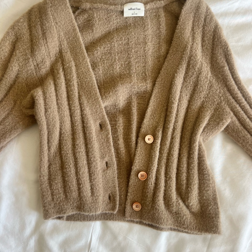 Wilfred Tan Cardigan with Soft Texture and Ribbed Knit